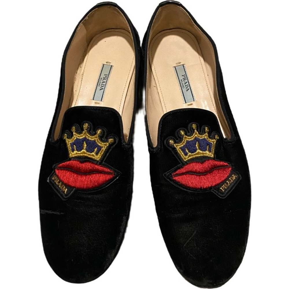 Prada Velvet Flats w Crown & Lips